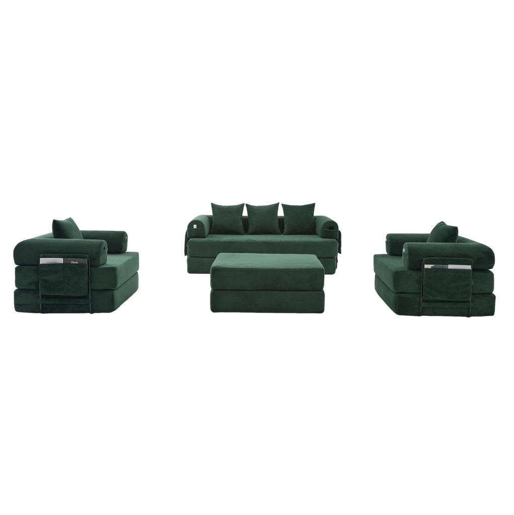 Divano modulare in corduroy verde smeraldo con pouf; 200x94x67 cm