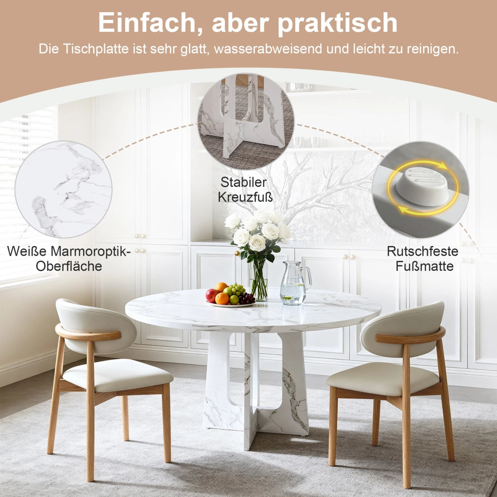 Tavolo da pranzo rotondo con 2 sedie in MDF effetto marmo bianco per soggiorno e sala da pranzo Ø 120 cm