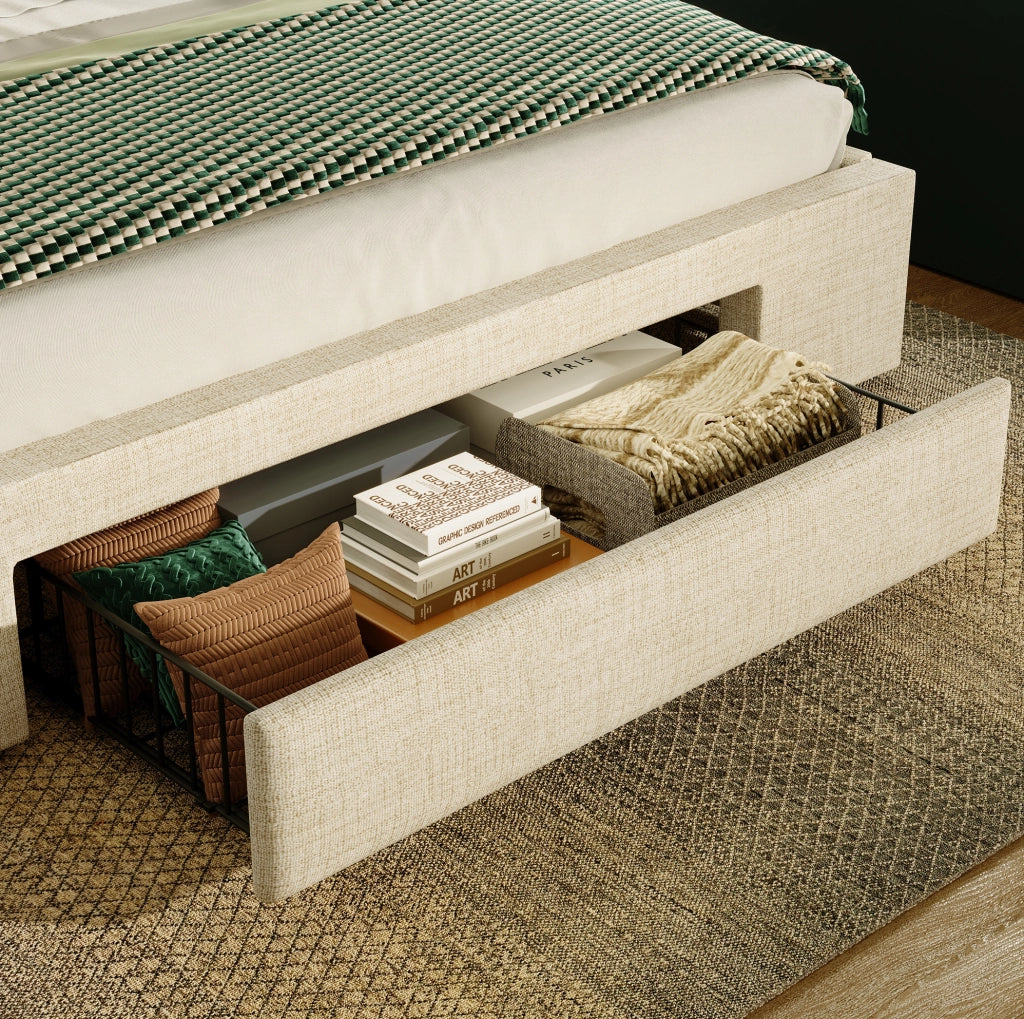 Letto imbottito con contenitore idraulico, testiera con ricarica e LED, beige, 180x200 cm