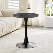 Tavolino rotondo in stile Mid-Century; piano in MDF effetto marmo nero e base in metallo nero