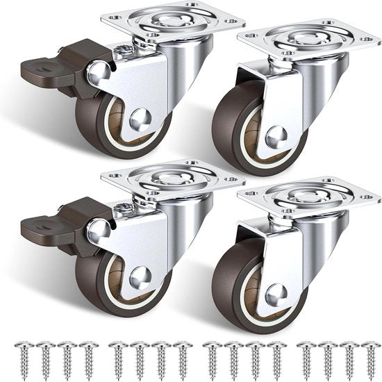 Ruote per mobili piccoli, set da 4 ruote incluse con freni, ruote per mobili piccoli con una capacità di carico totale di 90 kg (2 ruote con freni in gomma e 2 senza)