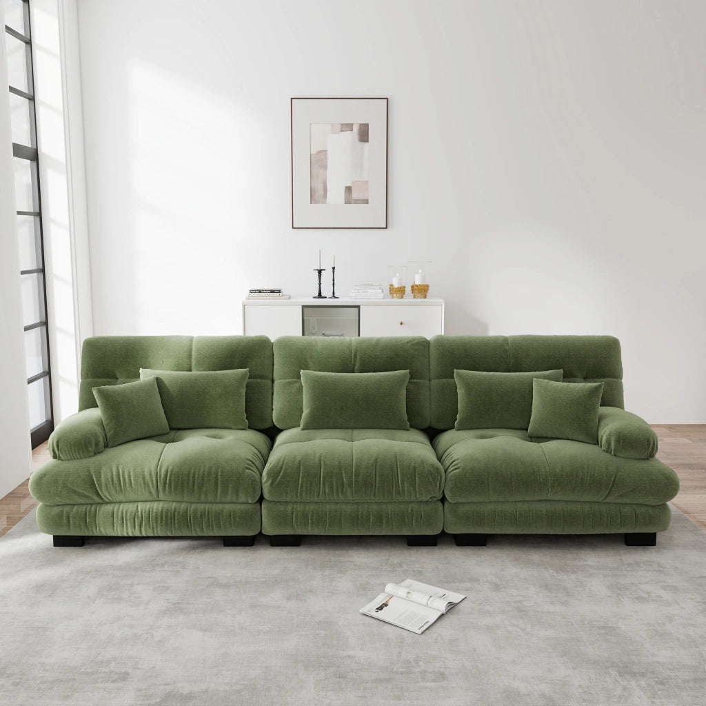 Divano angolare modulare a 3 posti con seduta profonda e cuscini, in ciniglia verde 313 × 77 × 81 cm