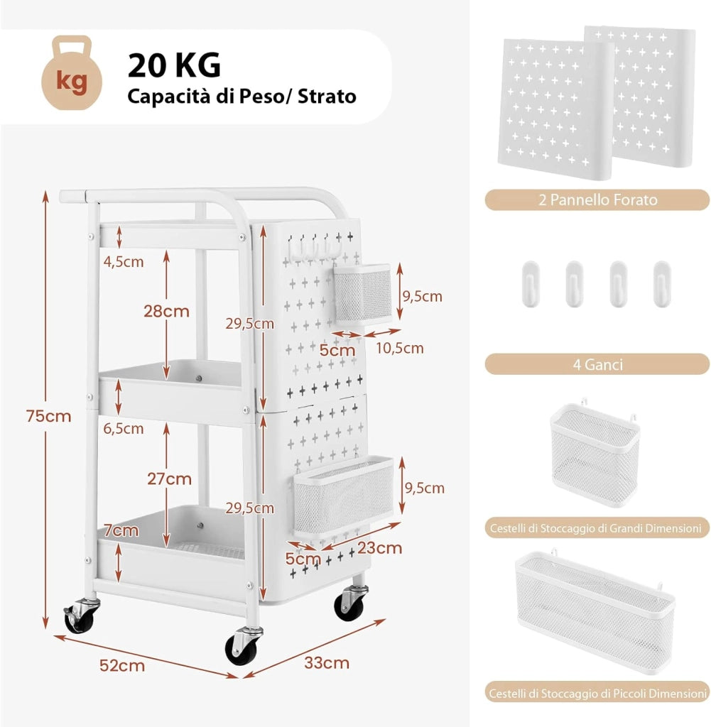 COSTWAY Carrello Multiuso a 3 Livelli, Carrello Organizzatore di Stoccaggio, con 2 Cestini 4 Ganci e Pannelli Rimovibili, Ideale per Ufficio Cucina Studio, 52x33x75cm (Bianco)