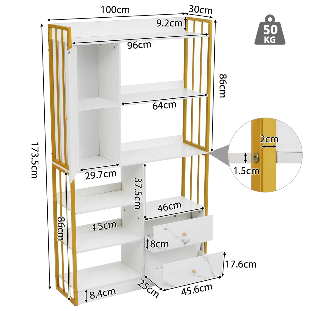 Libreria 100x30x173，5 cm in truciolato bianco e oro， 6 livelli