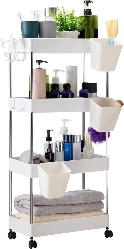 Cesta di archiviazione con ruote - 4 livelli di cesta rotante - contenitori appesi - cesta di archiviazione multifunzionale - cucina e bagno - bianco