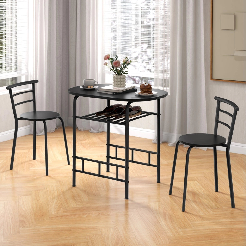 Set da tavolo da pranzo 3 pezzi con piano in grano di legno telaio in metallo, Set di mobili salvaspazio Nero-Tavoli e sedie da pranzo