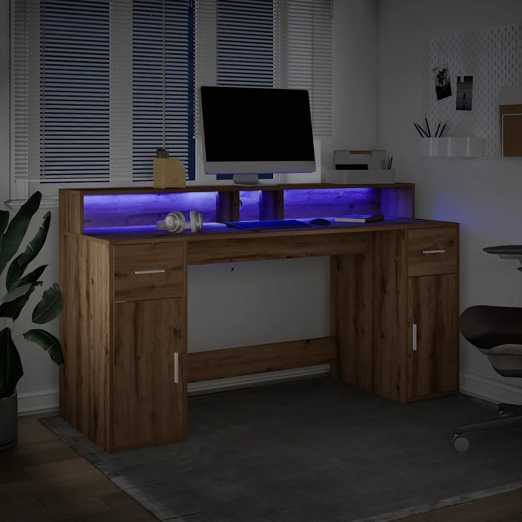 Scrivania | Tavolo da Ufficio con Luci LED Rovere 160x55x91 cm in Legno Multistrato
