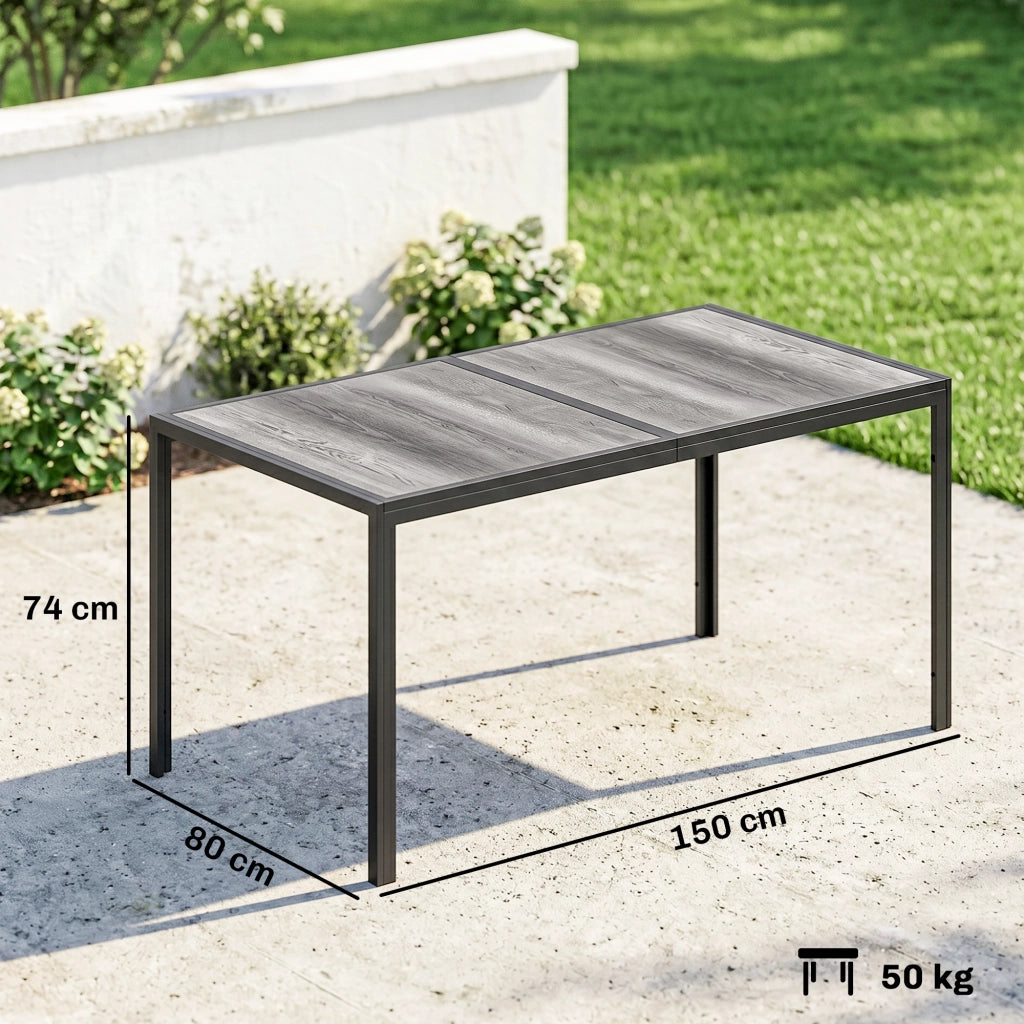 Tavolo da Giardino 4-6 Persone con Piano Effetto Legno, in Acciaio e Plastica PSPC, 150x80x74 cm, Grigio e Nero