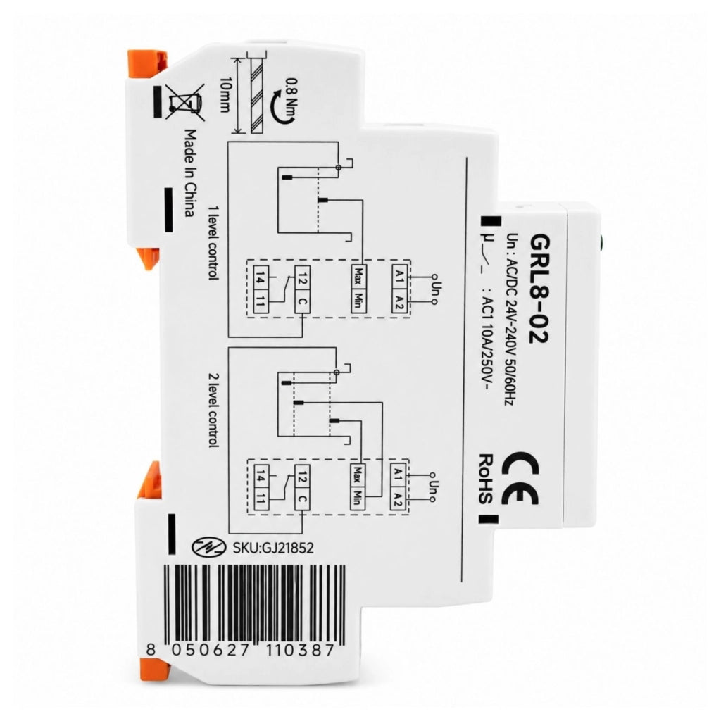 Relè Controllo Livello Liquidi Avanzato, AC/DC 24-240V 10A, Controllo 1 o 2 Livelli, Pump Up/Down, Ritardo 0,1-10S, Regolatore Livello Acqua,  Per Pompe e Serbatoi, 1 Modulo Guida Din