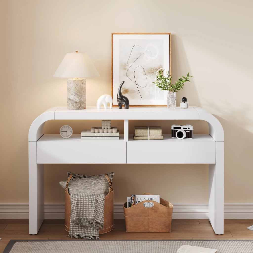 Consolle con 2 cassetti e vani aperti, piedini regolabili, per ingresso e soggiorno, in MDF bianco 120 × 35,5 × 76,5 cm