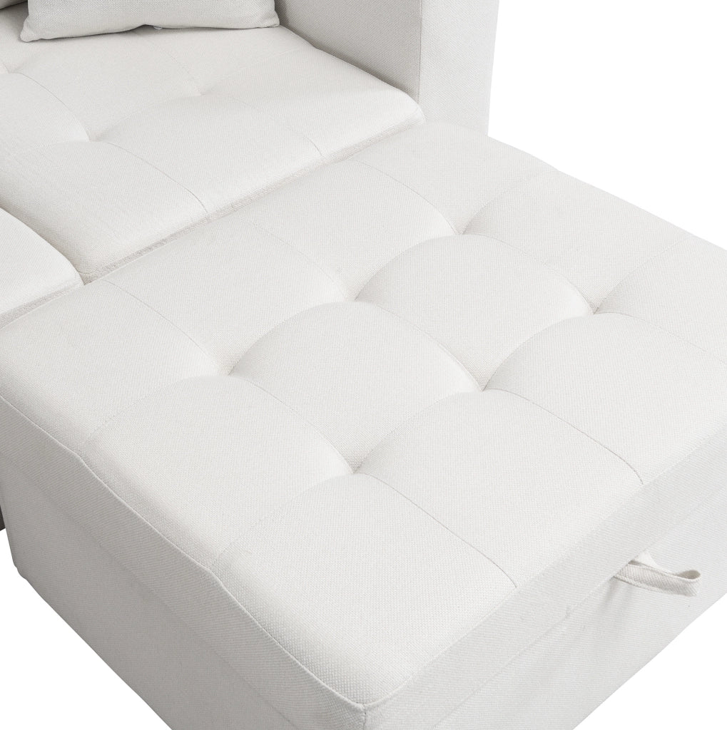 Divano 4 posti beige con pouf contenitore; LED; porte USB e Type-C; rivestimento in lino