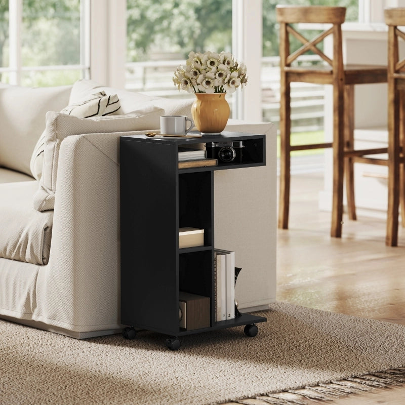 TAVOLINO LATERALE A C 40 x 30 x 69 cm Nero con 3 scomparti e ruote