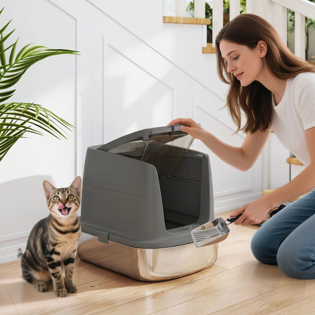 Lettiera per Gatti Chiusa in Acciaio Inox ¨C Xylo ¨C con Paletta Metallica e Sacchetti Deodoranti, Grigio Scuro