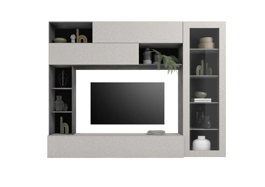 Parete Attrezzata Design Contemporaneo 277x40x210 cm con Anta Vetro Pratiko Ghisa e Pietra