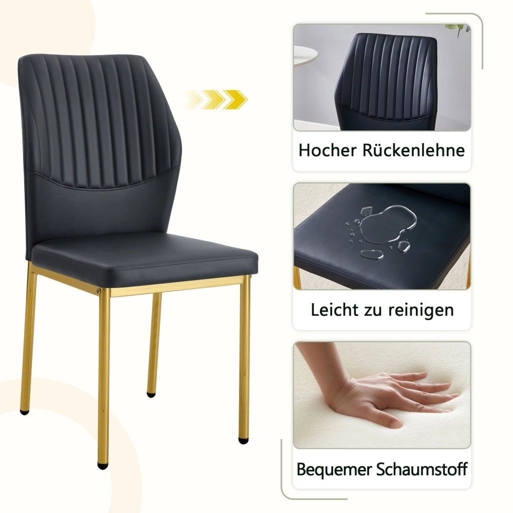 Sedie da pranzo moderne, 4 pezzi in PU nero con schienale a coste e gambe in metallo dorato, per sala da pranzo e soggiorno