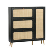 Scarpiera con decoro in legno e canna, 3 ante, nero
