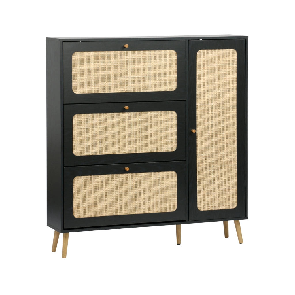 Scarpiera con decoro in legno e canna, 3 ante, nero