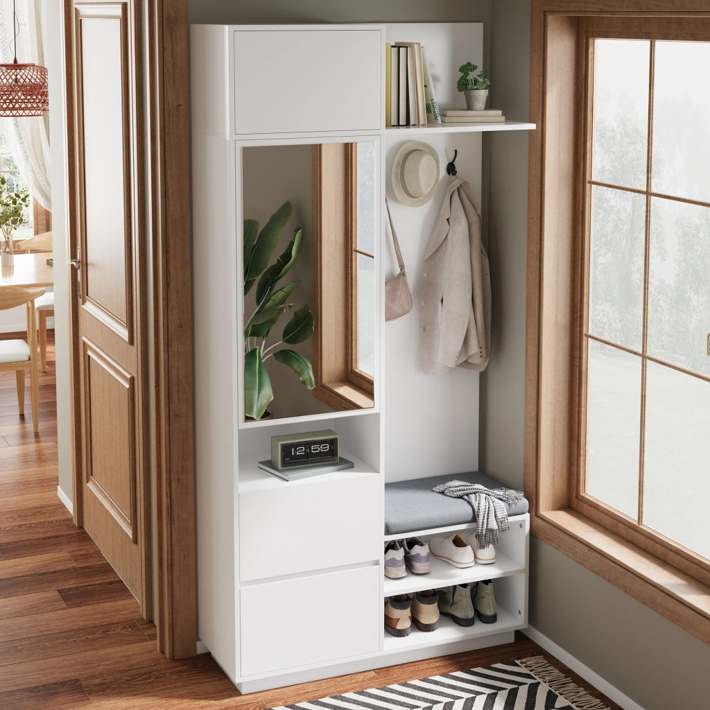 Mobile Ingresso con Specchio e Panca; Scarpiera con Ganci; Cassetti e Ripiani; Stile Moderno; in MDF; Bianco; 90??34;5??190 cm
