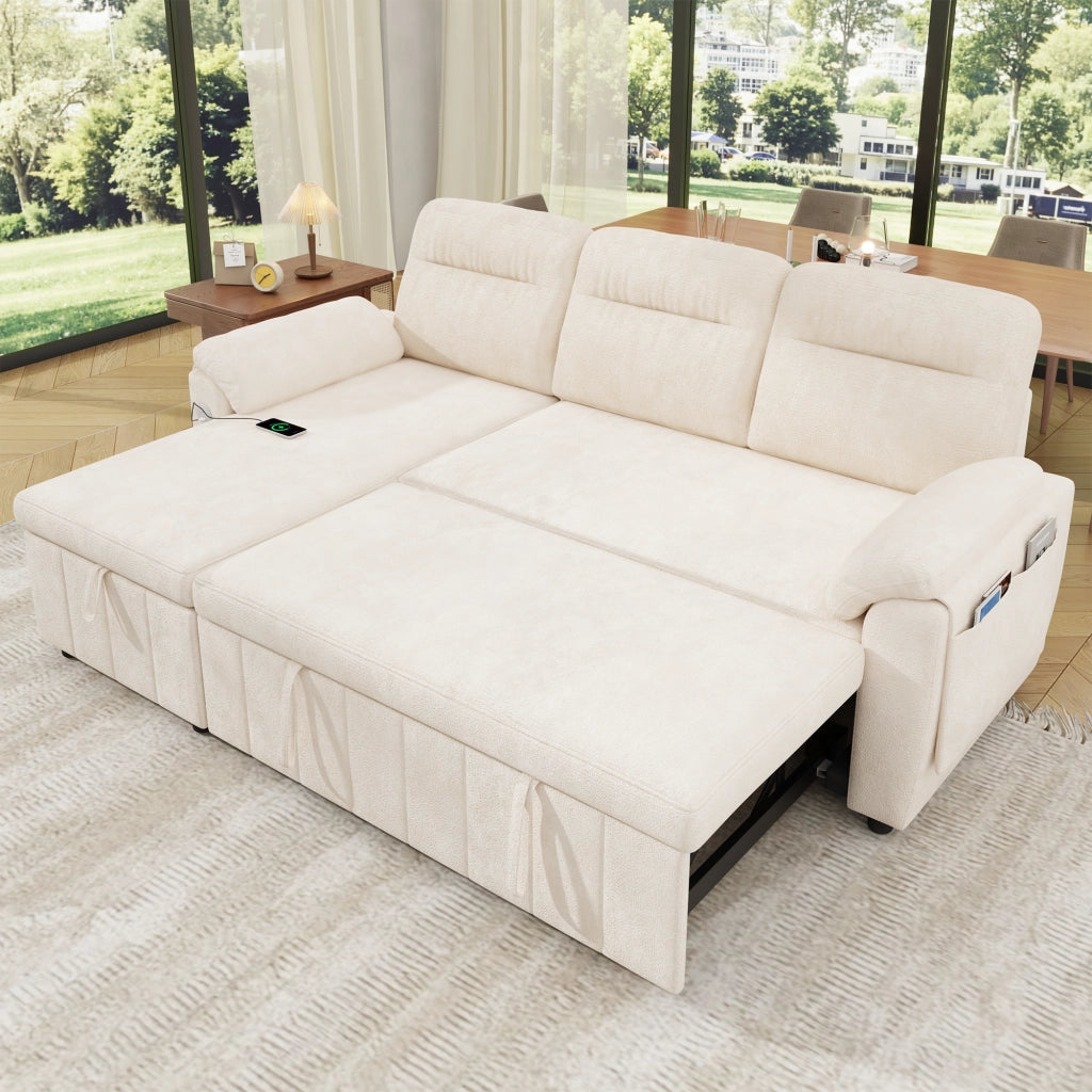 Divano angolare convertibile con letto estraibile chaise longue reversibile con contenitore in chenille beige per casa
