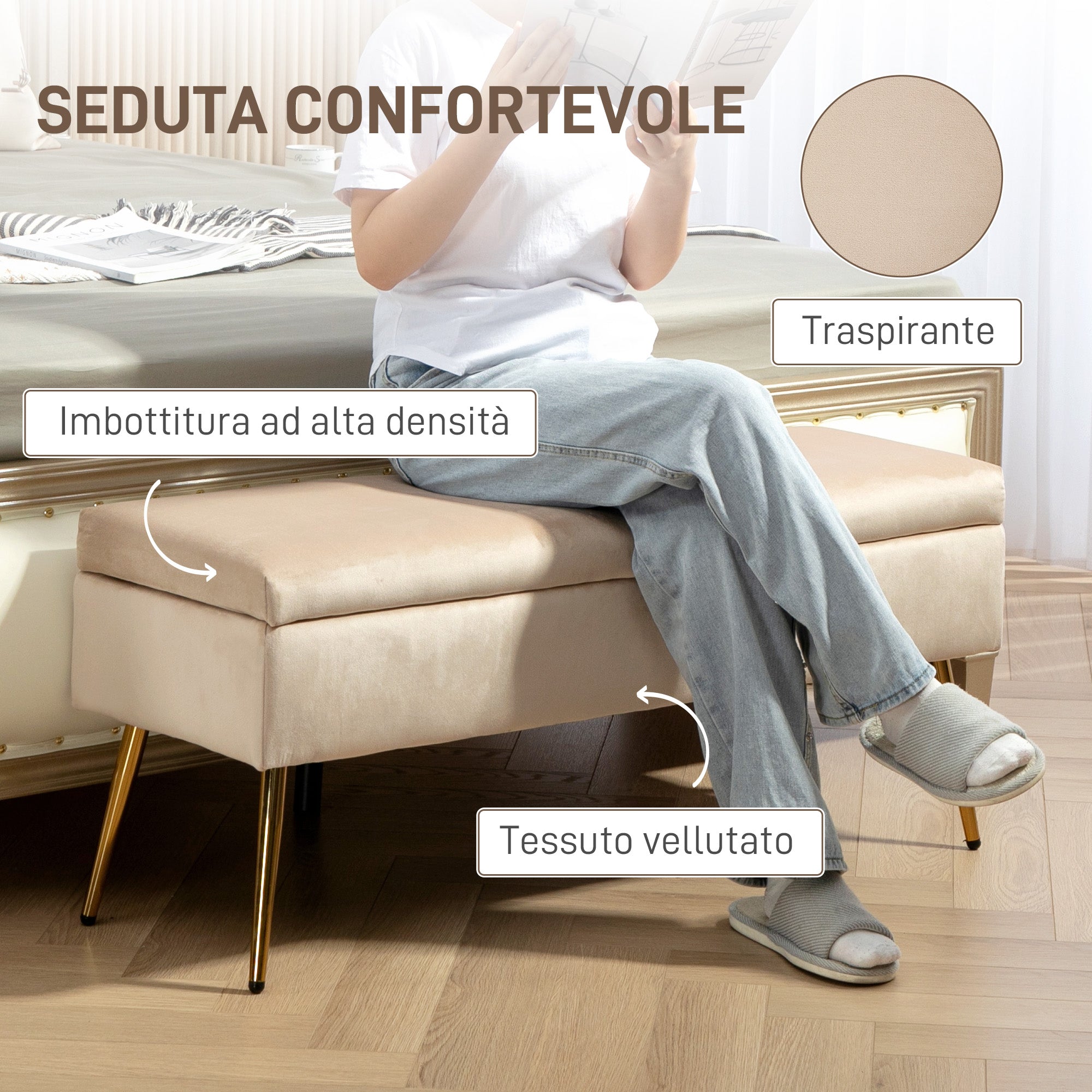 Panca Fondo Letto Imbottita da 30,5L 102x35x43 cm in Tessuto Effetto Velluto Beige