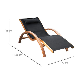 Lettino Prendisole Chaise Longue 165x72x86 cm in Legno e Tessuto a Rete Nero