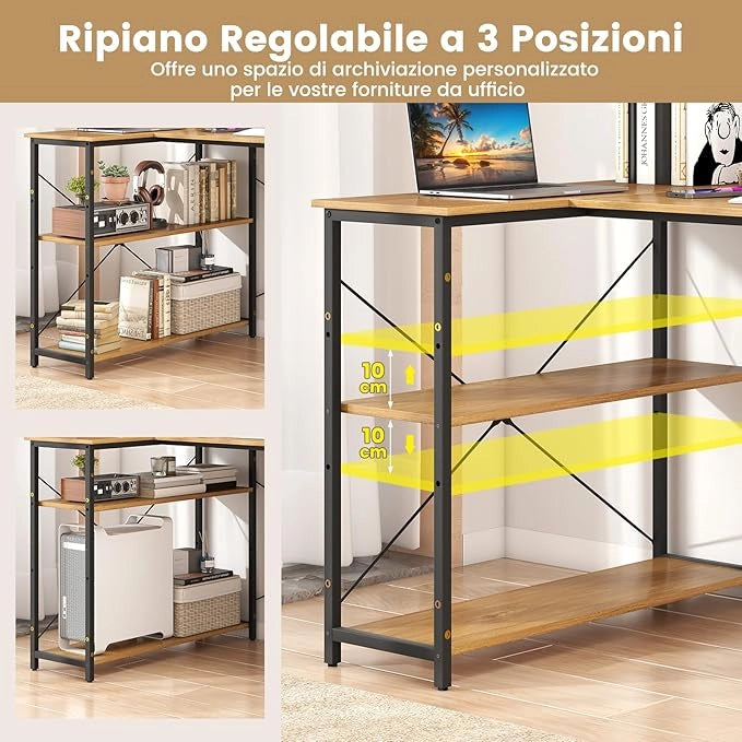 Scrivania Angolare a Forma di L, Scrivania ad Angolo Salvaspazio e Reversibile con Ripiano Regolabile e Struttura in Metallo Resistente, Tavolo per Ufficio e Casa (Legno)