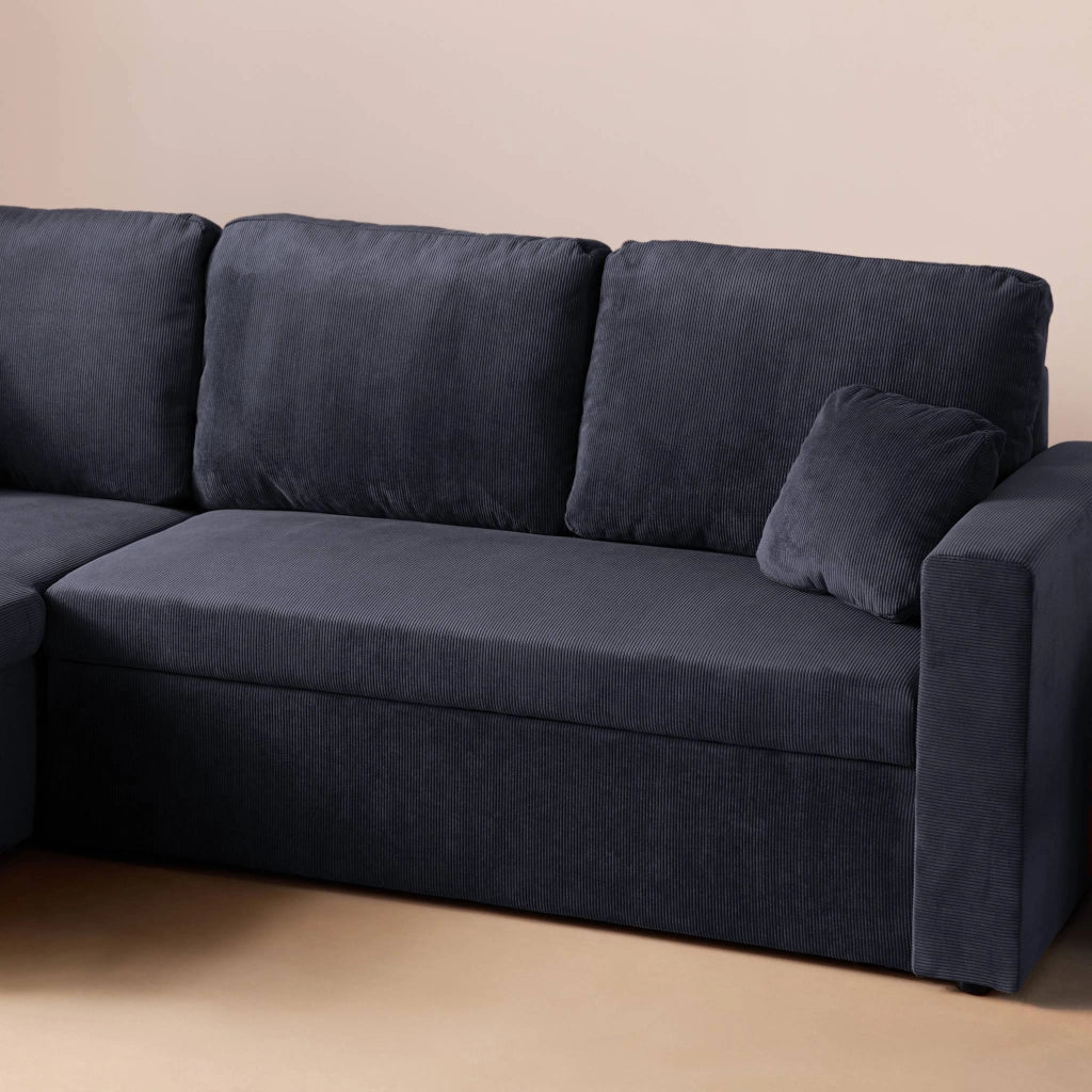 Divano letto angolare reversibile in velluto a coste, 3 posti, blu