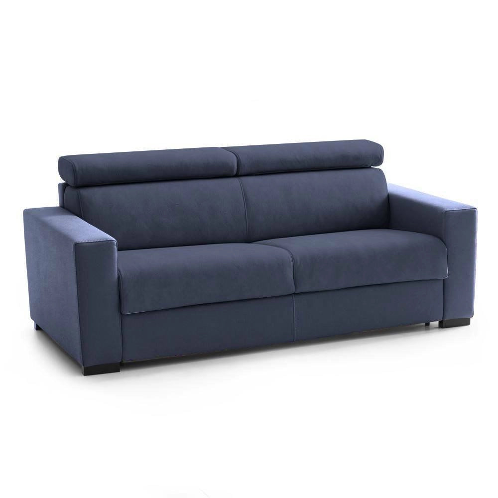 Divano fisso Vigolana, Divano a 3 posti, Made in Italy, SofÒ  Soggiorno, in tessuto imbottito, con poggiatesta regolabili e Braccioli slim, cm 200x95h85, Blu