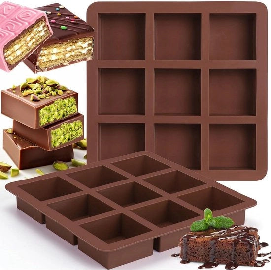Siliconi a forma di cioccolato 2 pezzi - Forma da cioccolato profonda Dubai - Forma da cioccolatino per mini brownie - Forma per cioccolatini - Forme per cheesecake cornbrood 9 buchi (marrone)