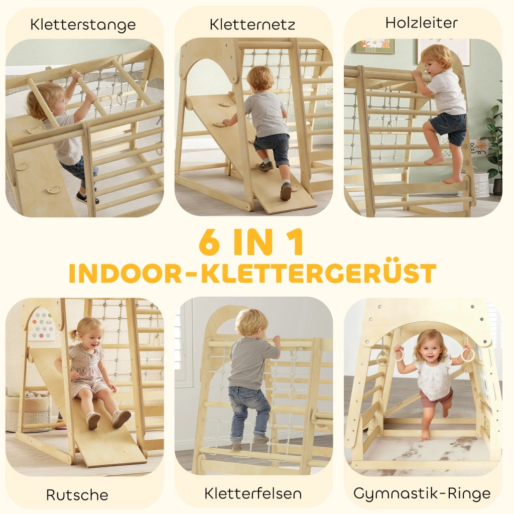 Set arrampicata interno 6-in-1 ¨C Xylo ¨C con scivolo, scala, rete e parete, legno, 3-6 anni