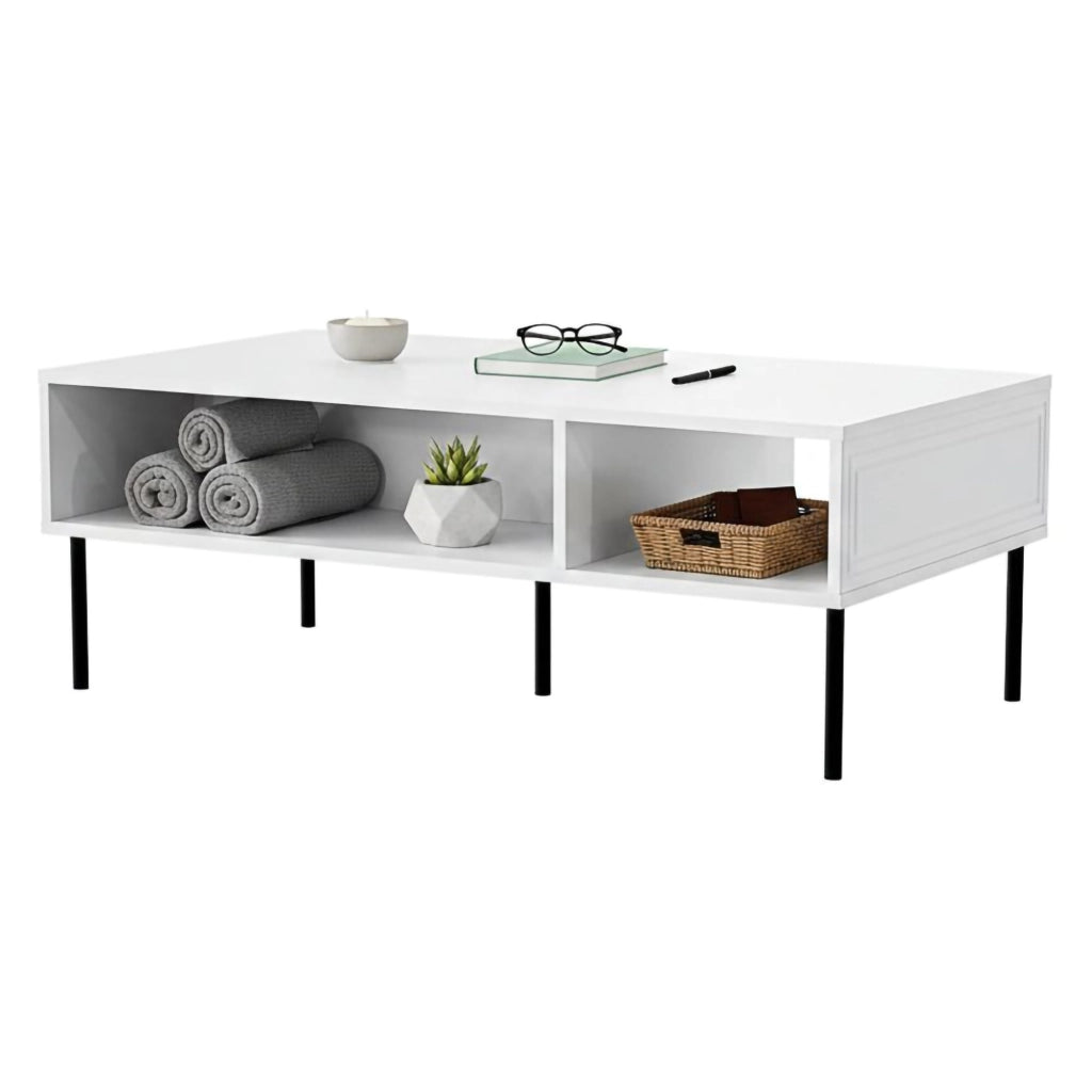 Tavolino da salotto Enemonzo, Con due vani contenitore, Rialzato da terra, 110x60 h40 cm, Bianco
