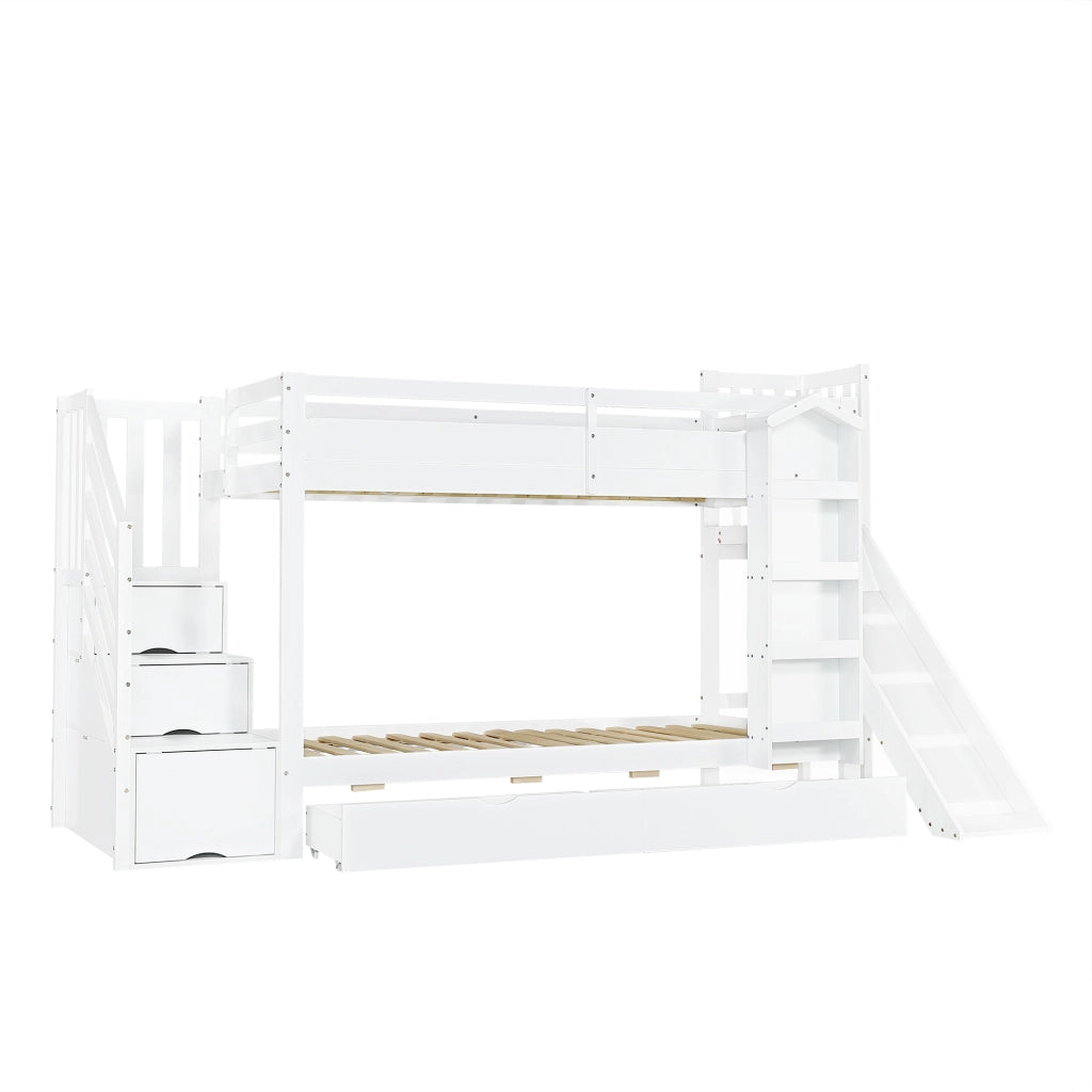 Letto a castello per bambini - Zephmum- Libreria, cassetti, scivolo, in legno, bianco 90x200cm