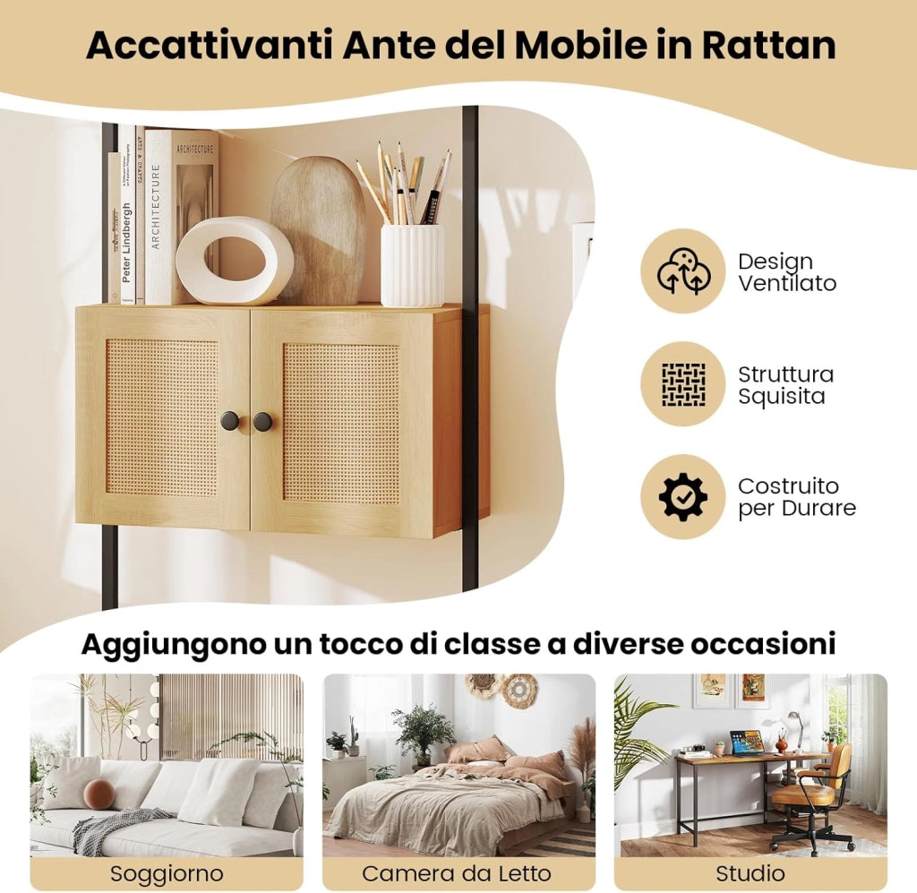 Libreria a Scala a 5 Ripiani con Armadio in Rattan, Scaffale da Parete con Struttura in Metallo, Organizzatore di Stoccaggio per Soggiorno Studio Ufficio, 60x31,5x184 cm