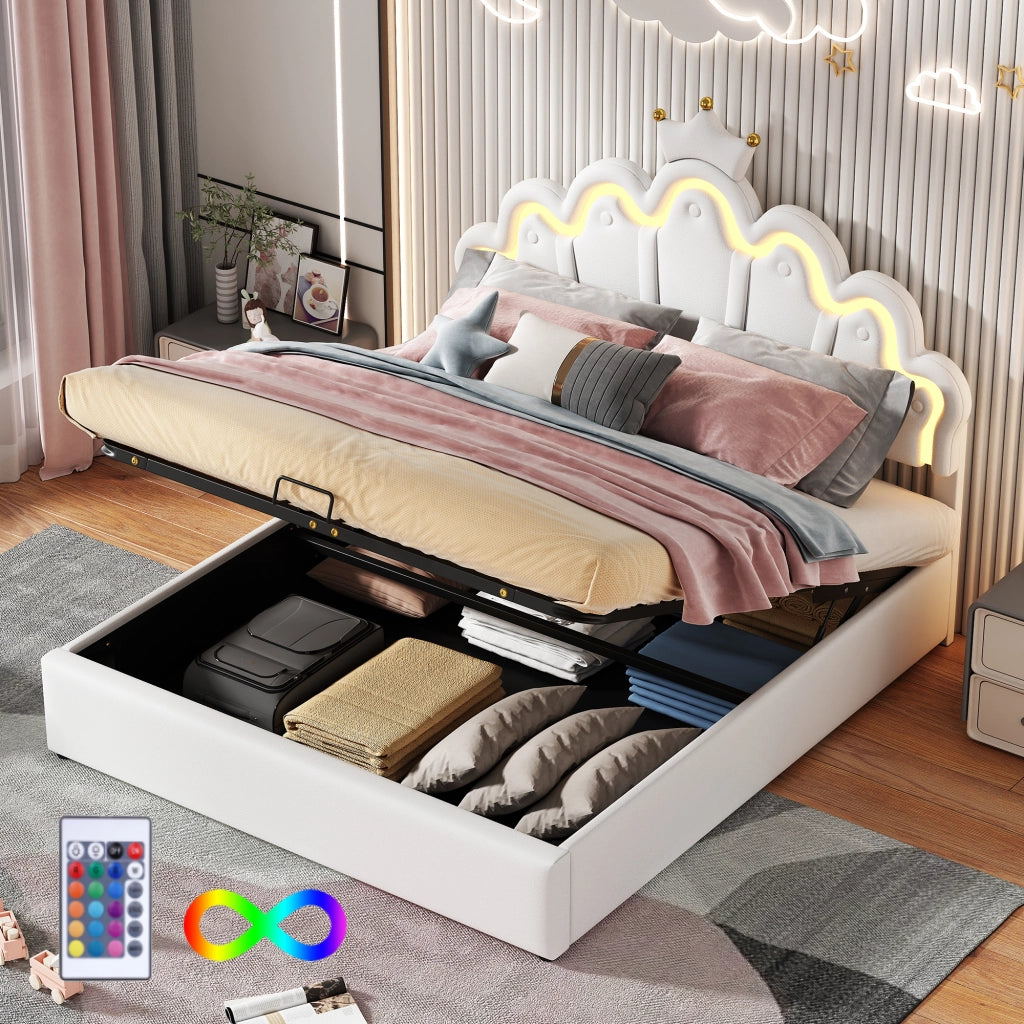 OKWISH Letto Contenitore 140×200 cm, Letto Matrimoniale con LED Regolabile e Testiera a Corona, senza Materasso, in PU, Bianco