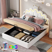 OKWISH Letto Contenitore 140×200 cm, Letto Matrimoniale con LED Regolabile e Testiera a Corona, senza Materasso, in PU, Bianco
