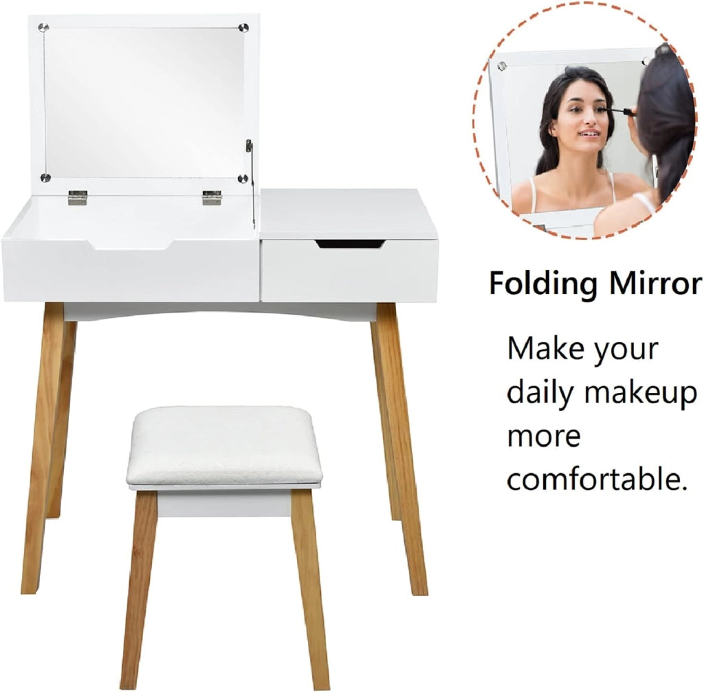 Tavolo da toeletta con sgabello e specchio pieghevole, in legno con cassetto, facile da montare per camera da letto, bagno, bianco