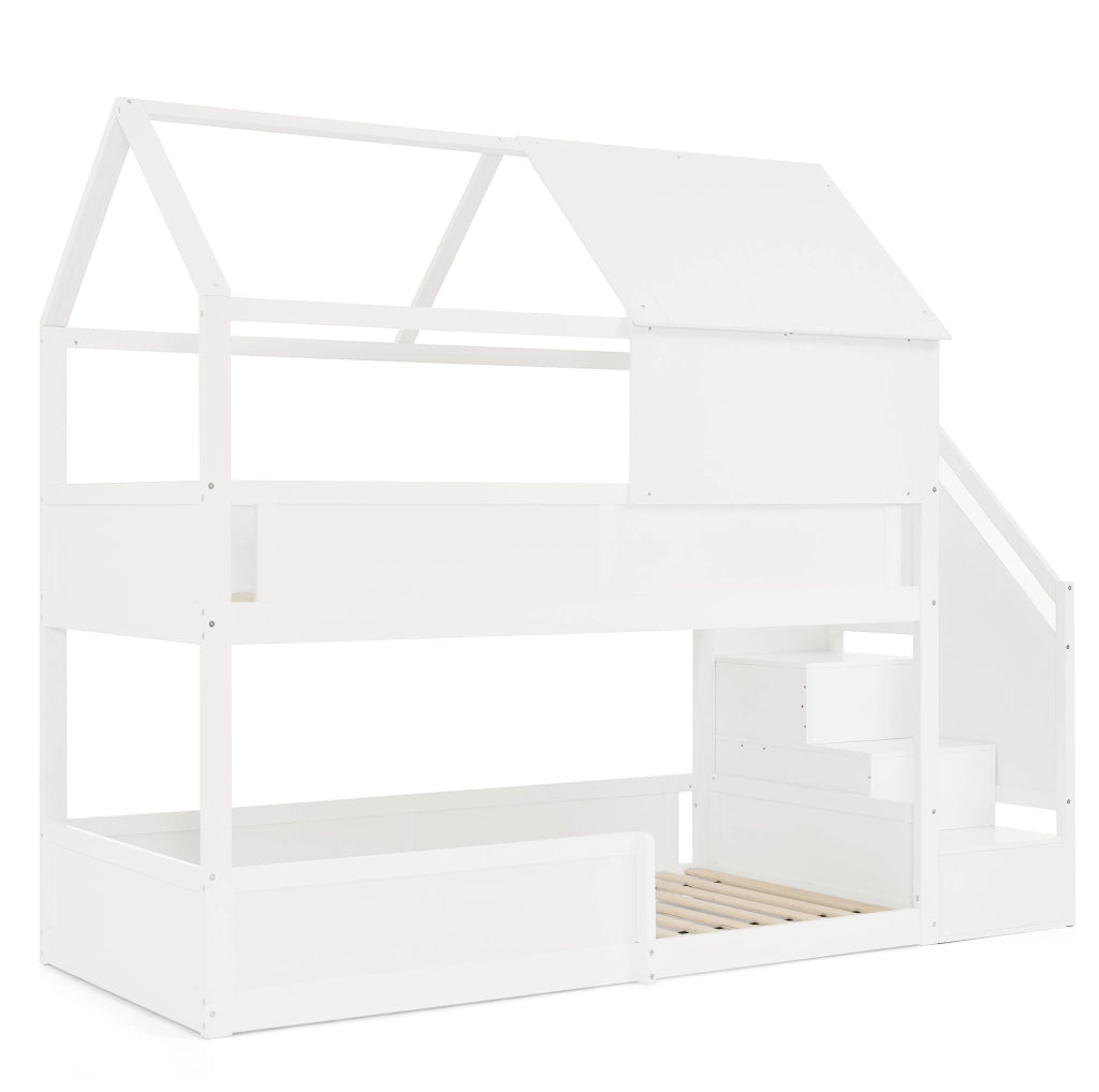 Letto a castello in legno massiccio per due persone; con scala laterale e tetto; bianco