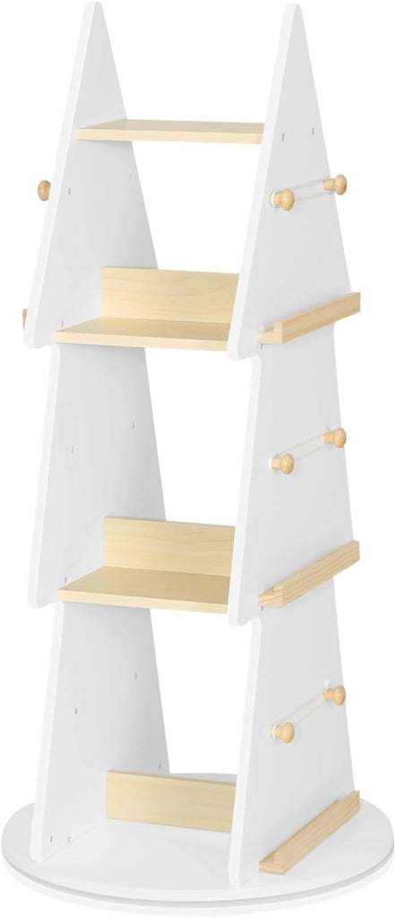 Libreria per Bambini, Libreria Rotante a 4 Ripiani, Porta Libri per Bambini ad Albero, Libreria Girevole per Cameretta, Nido Asilo, Scaffale Bianco, in Legno, Ø48x103,5cm