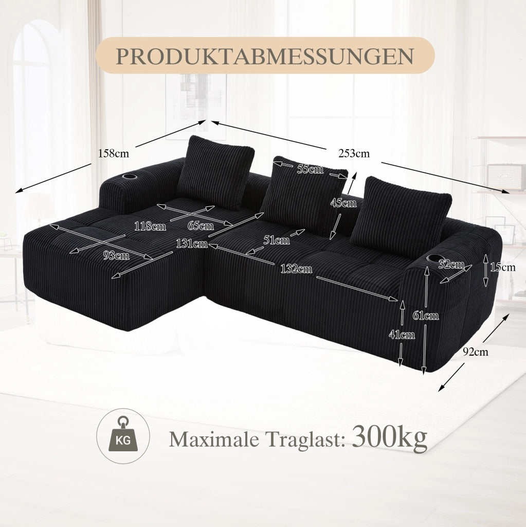 Sofa modulare in corduroy nero con tasche laterali e portabicchieri; 253 x 158 x 61 cm