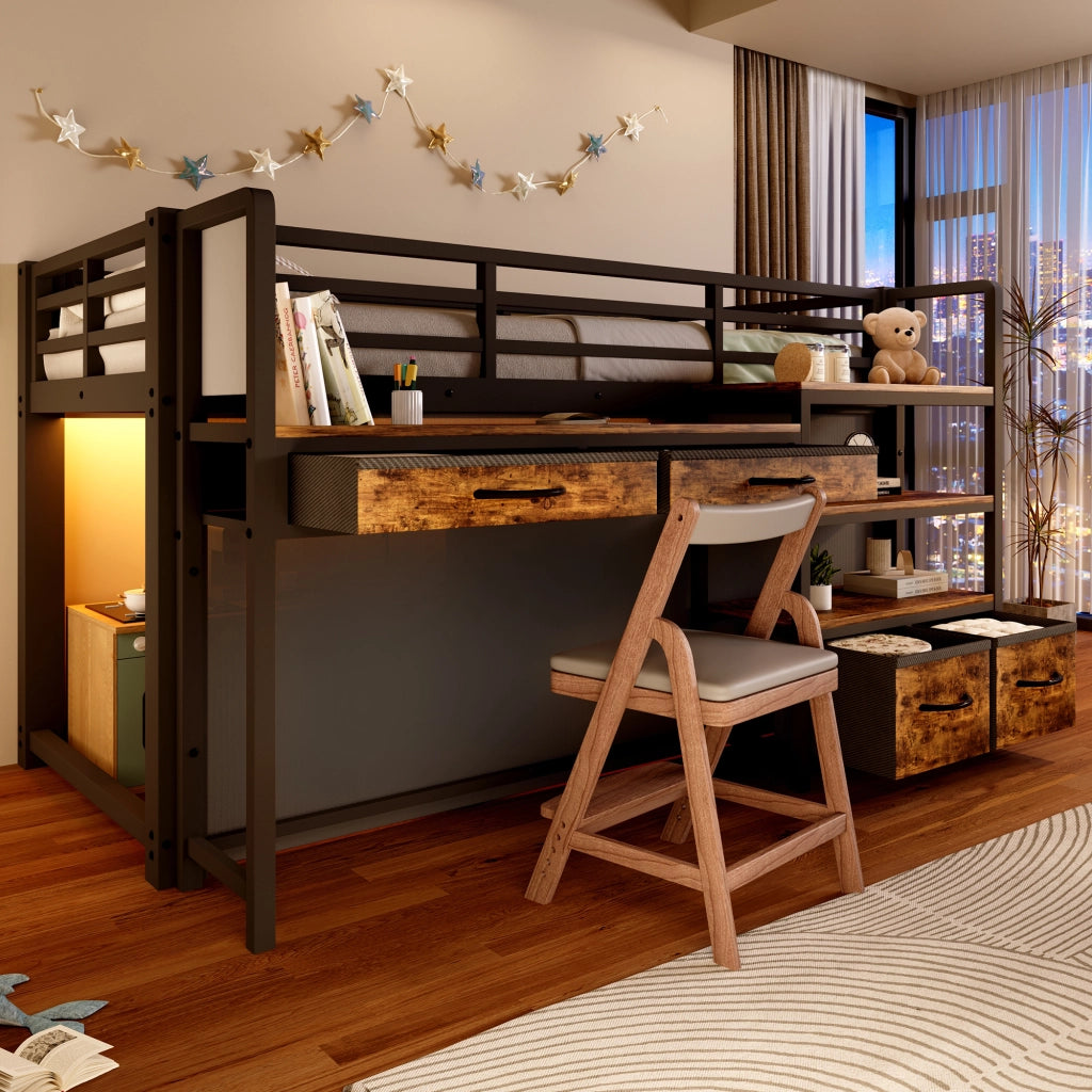 Letto a soppalco 90 × 200 cm con scrivania ripiani cassetti in tessuto e LED multicolore in metallo e MDF nero