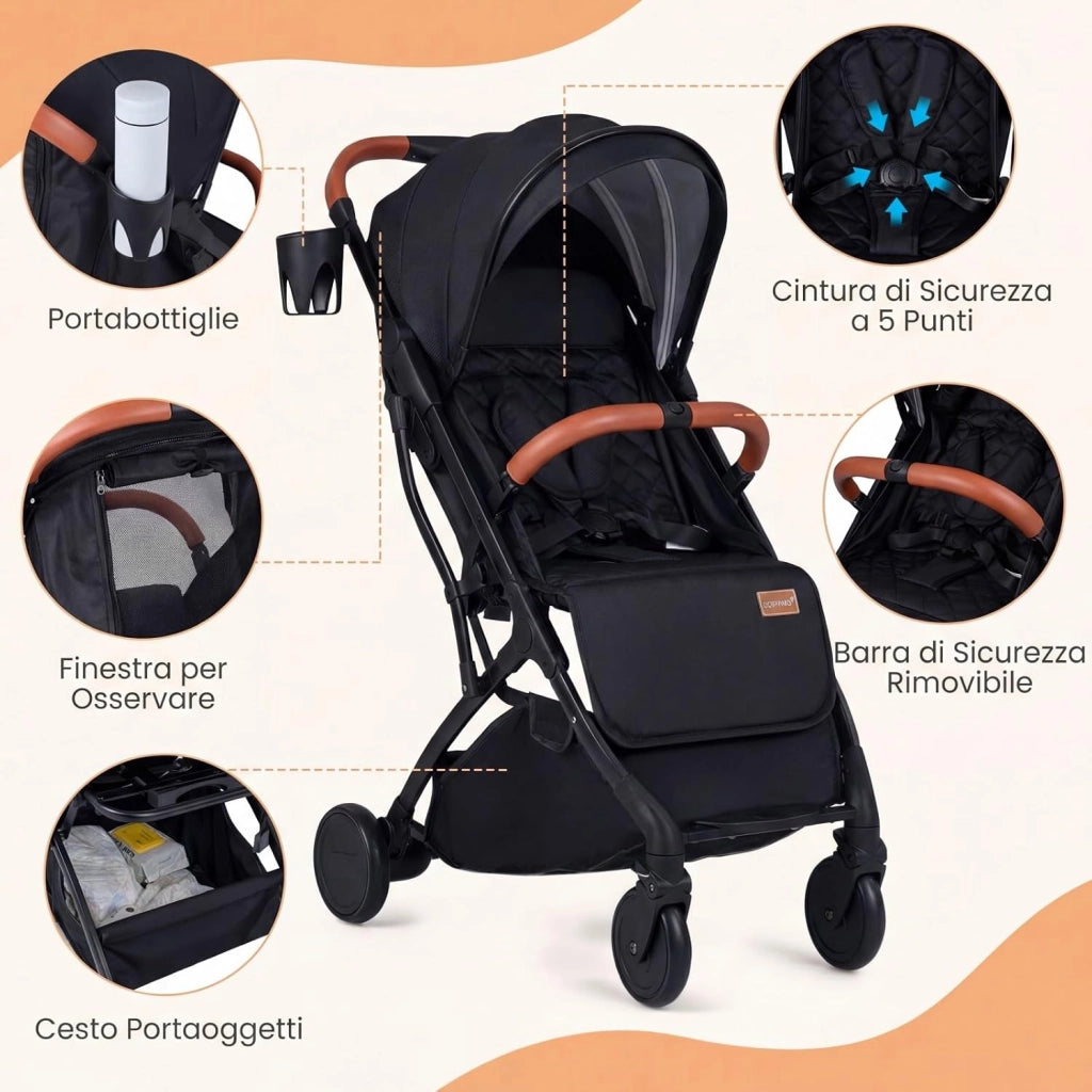 Passeggino Leggero per Neonati con Tettuccio, Schienale e Poggiapiedi Reclinabili, Passeggino Pieghevole con Portabicchieri, Cestello Portaoggetti, per Bambini 0-3 Anni (Nero)