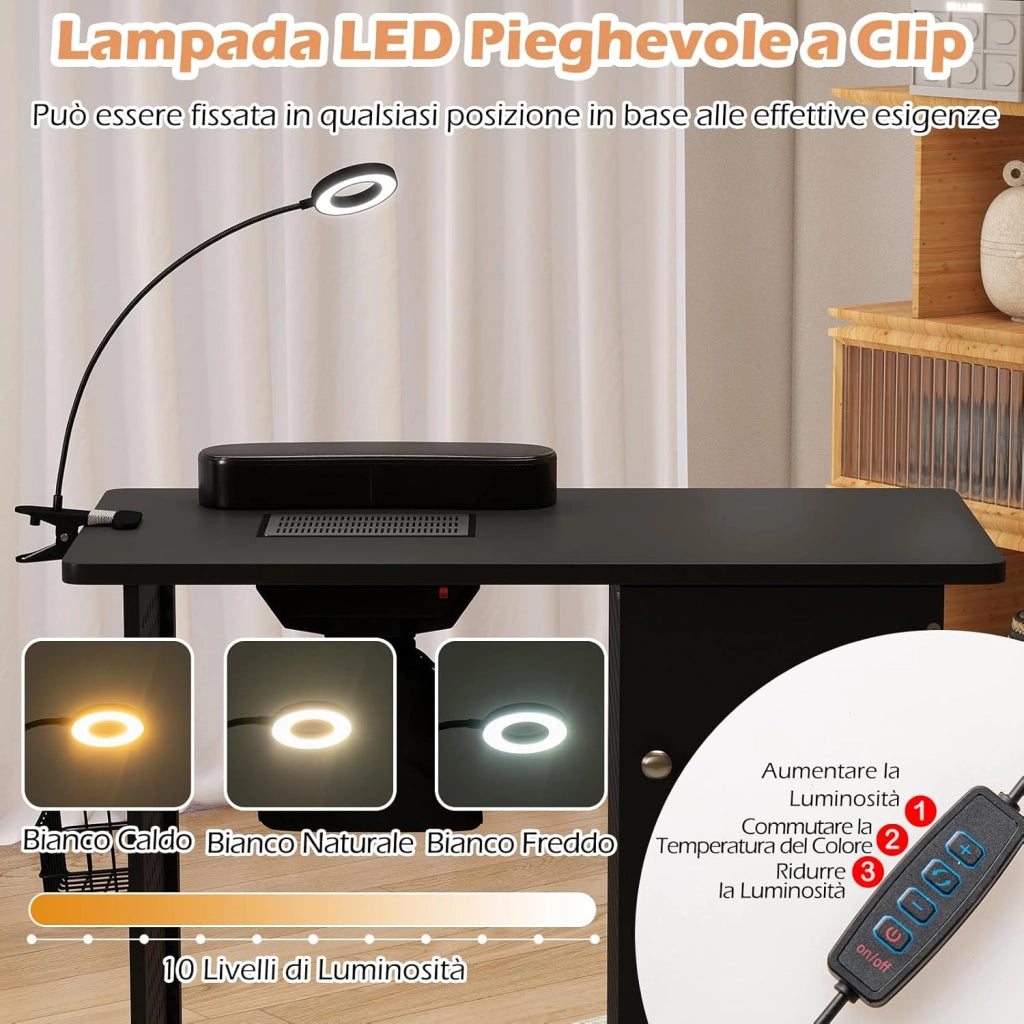 Tavolo Manicure con Aspiratore, Tavolo per Unghie con 6 Ruote Bloccabili, Sacchetti per Polvere, Armadio Chiudibile con 4 Vassoi, Poggiapolsi, Lampada LED e Cestino Metallico, 90x79x45cm
