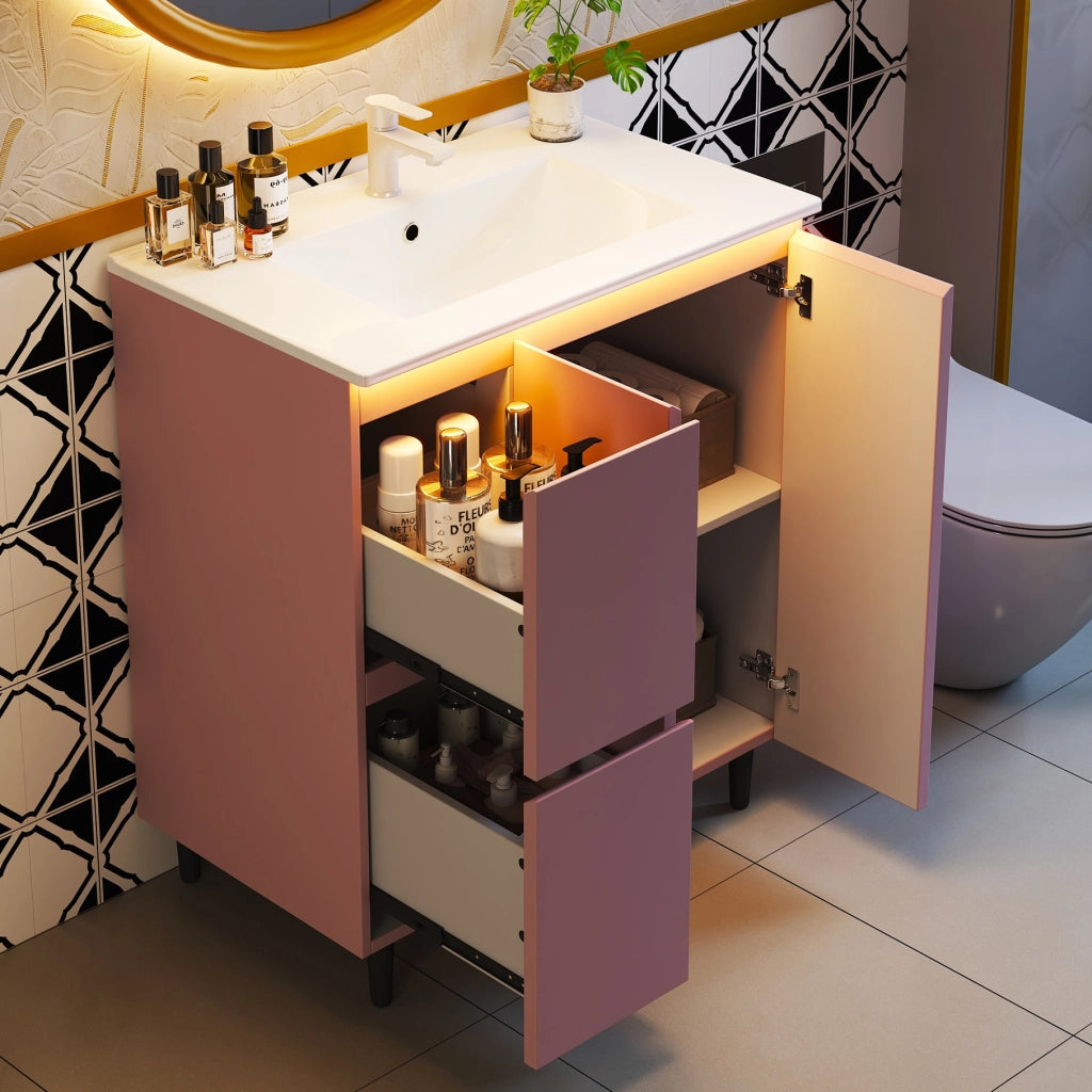 Mobile bagno con 2 cassetti e lavabo integrato; LED e piedini alti per bagno; rosa; 76×47×89 cm