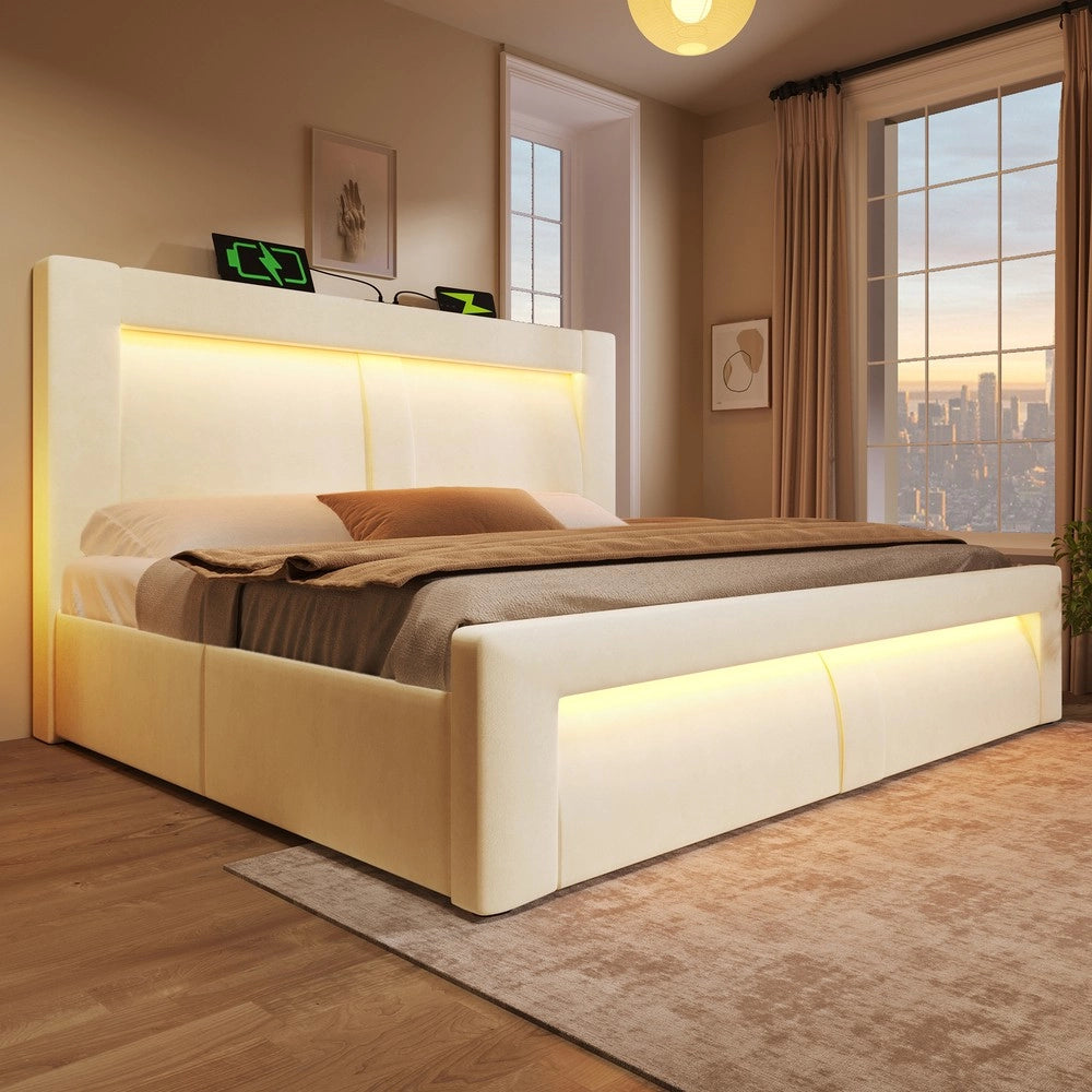Letto Contenitore Matrimoniale con LED e Materasso ¨C MINIMAL ¨C Velluto Beige 160x200