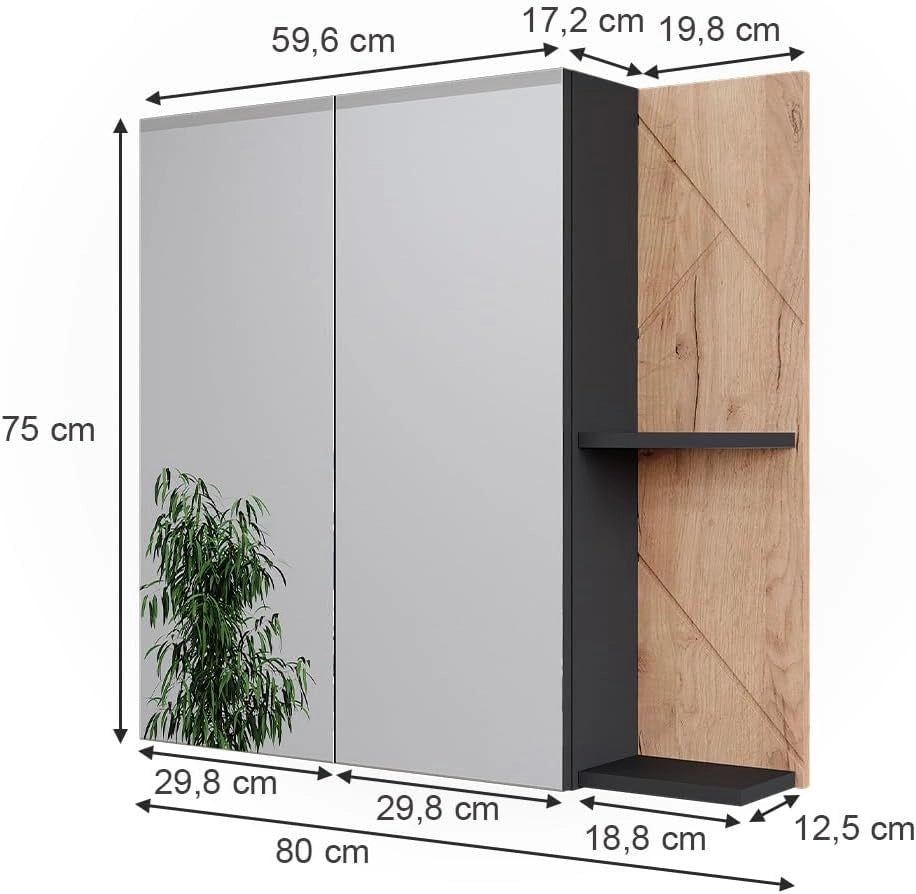 Mobile a specchio per bagno Irma, Antracite/quercia dorata, 80 x 75 cm, per montaggio a parete con ripiani aperti e specchio
