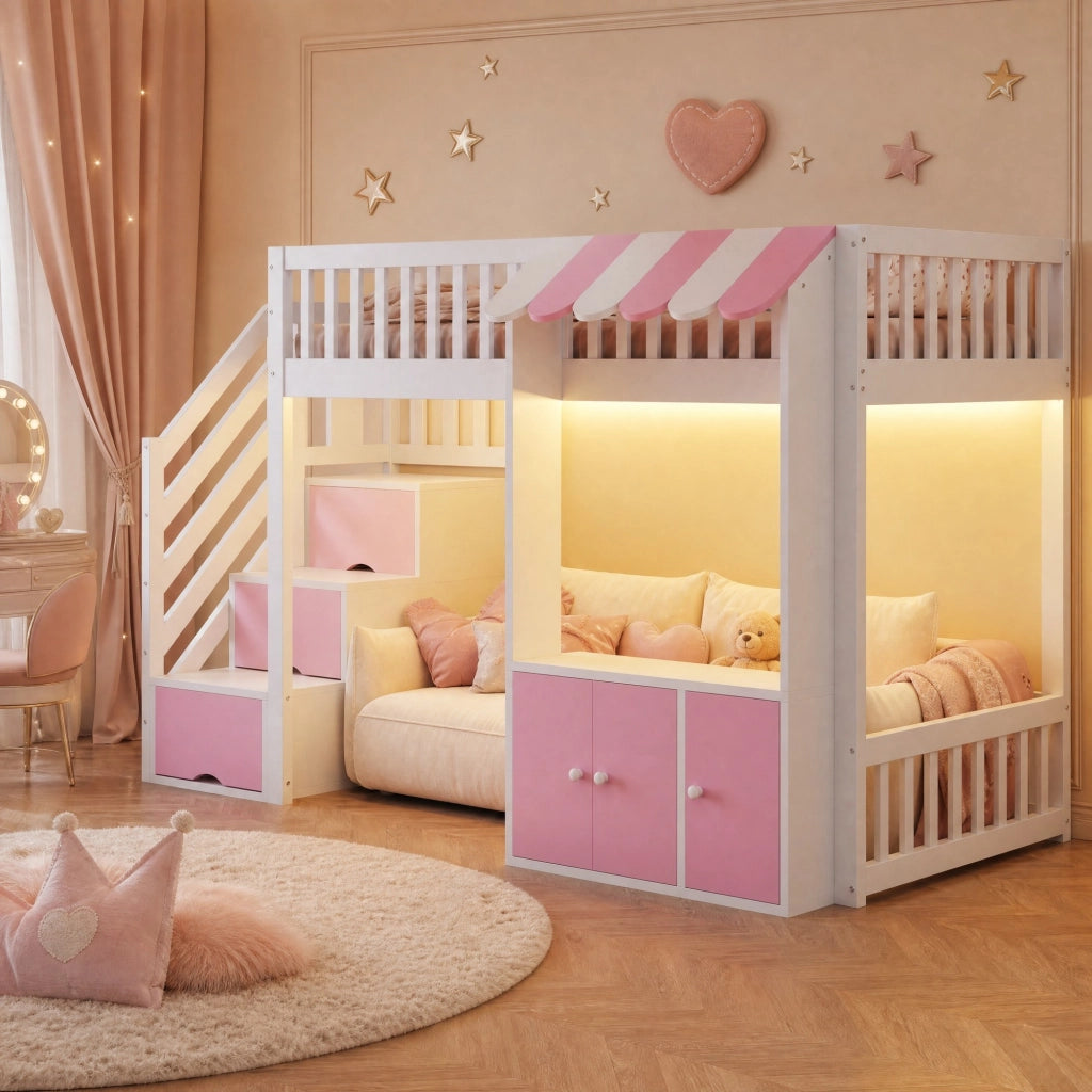 Letto a soppalco 90x200 cm rosa con scala contenitore e LED