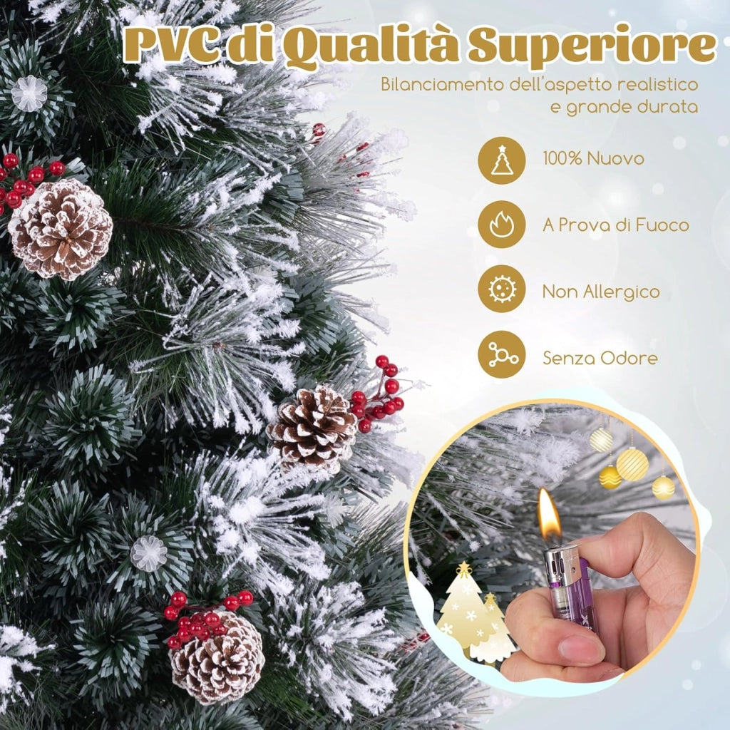 Albero di Natale Innevato 150/180 CM, con Fibra Ottica, 49/63 Luci LED, 8 Modalità di Illuminazione, 170/220 Punte di Rami, Ago di Pino, 18/24 Mazzi di Bacche Rosse e 18/24 Pigne (150 CM)