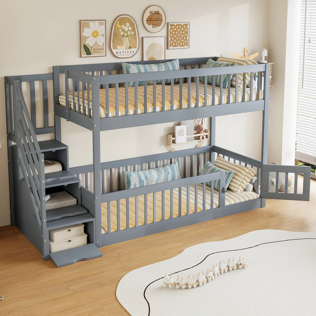 Letto a castello per bambini 90x200 - Zephmum - Grigio con scala di sicurezza e cassetti