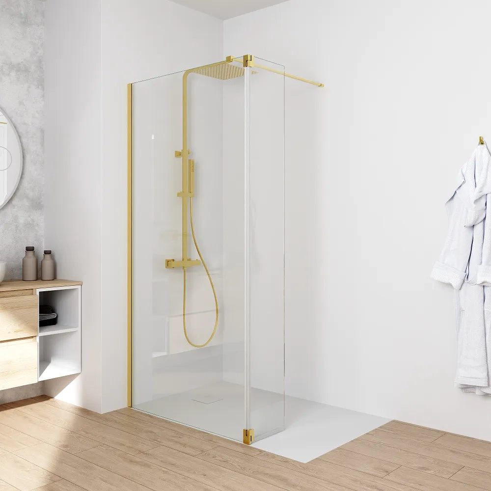 Doccia walk-in 130cm + anta girevole 40cm vetro 8mm trasparente anticalcare profili oro spazzolato h200 | Keros