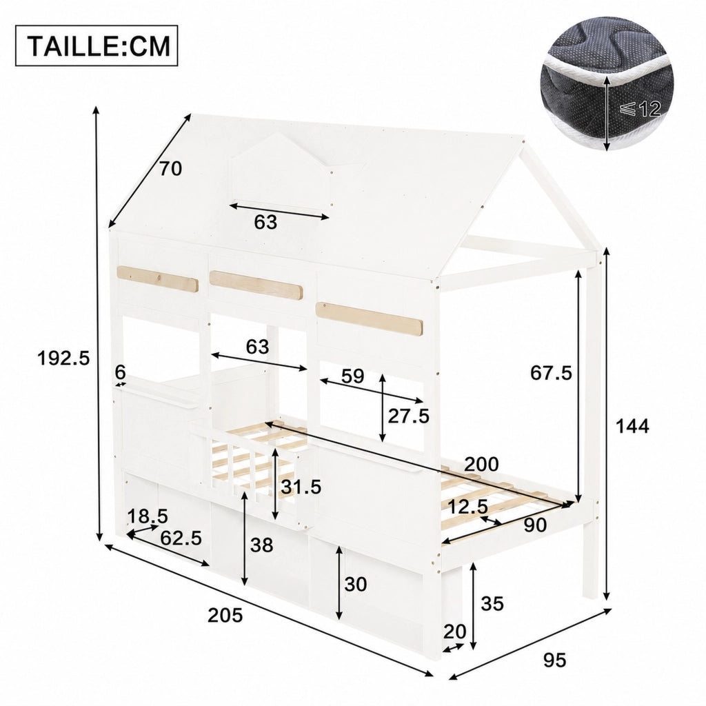 DESMIU Lit mezzanine enfant 90 × 200 cm con libreria, sans matelas, in legno massiccio e MDF, bianco